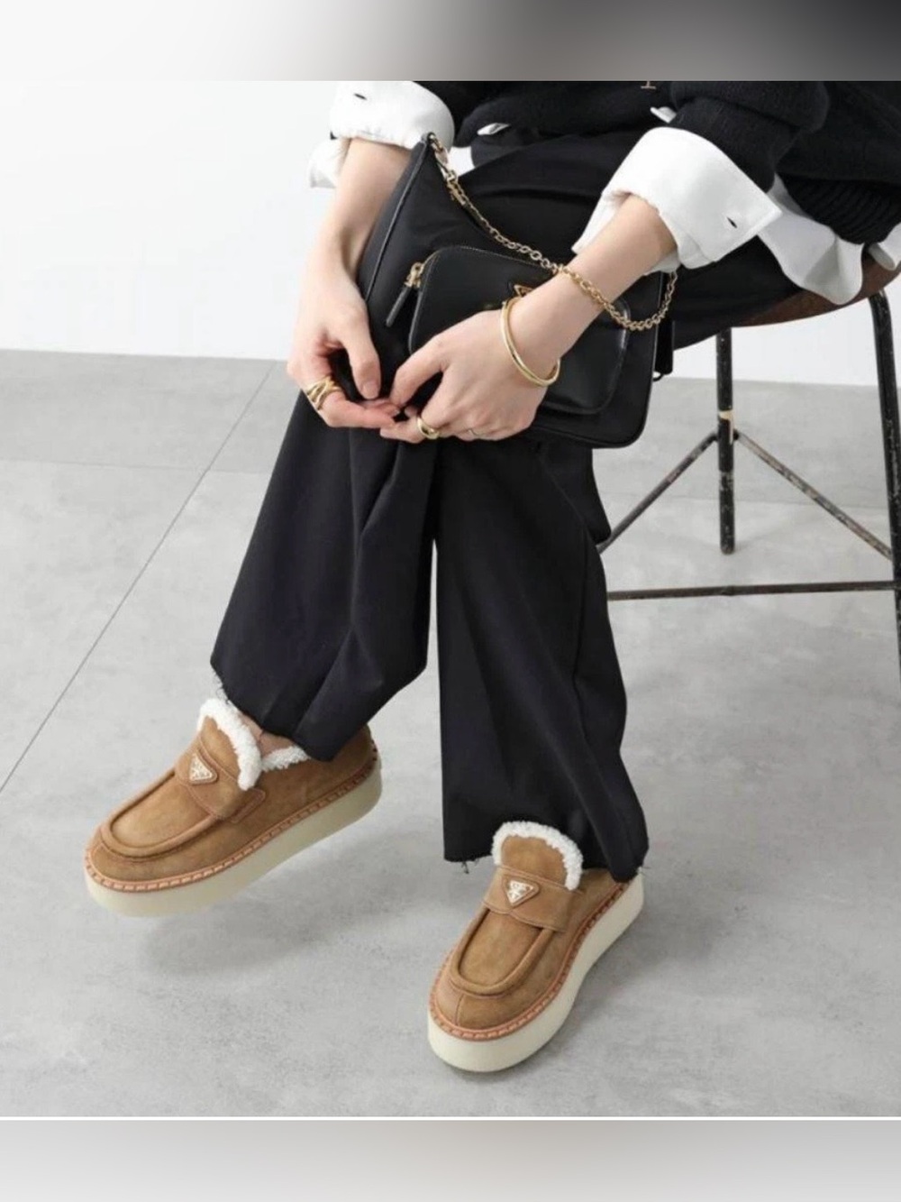 Prada suede leather tan brown loafers Sherpa platform shoes 39